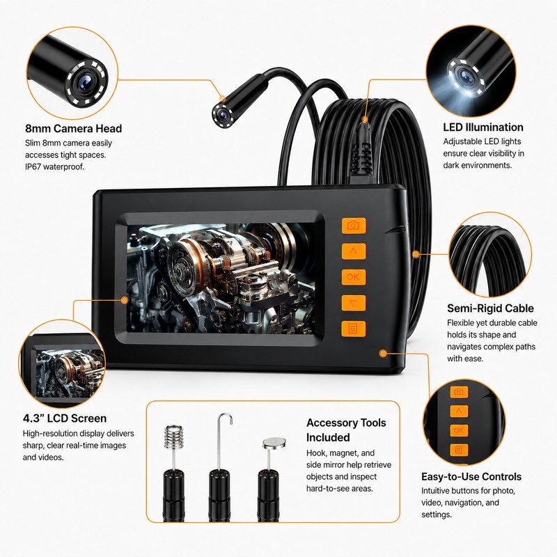 Industrial Endoscope Camera for Inspection – 4.3" LCD Borescope with