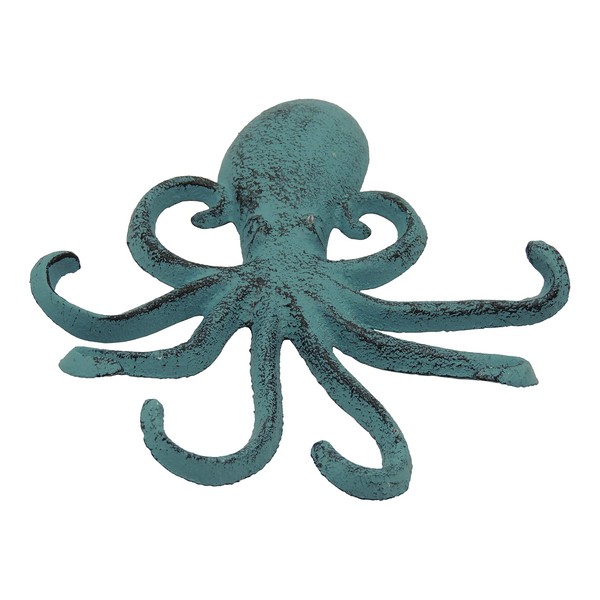 Cast Iron Octopus Wall Hook - Decorative Swimming Octopus Tentacles Key Hook for Entryway, Door Way or Bathroom - Novelty Wall Décor - Blue Color with Screws and Anchors Included