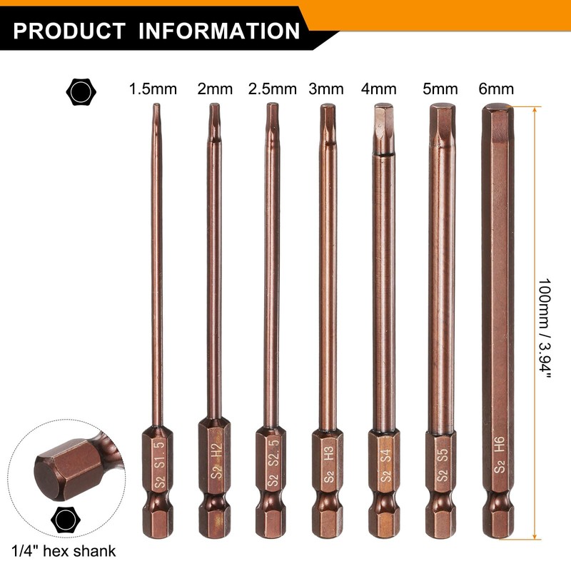sourcing map 7pcs Hex Head Wrench Drill Bit 1.5/2/2.5/3/4/5/6mm Metric