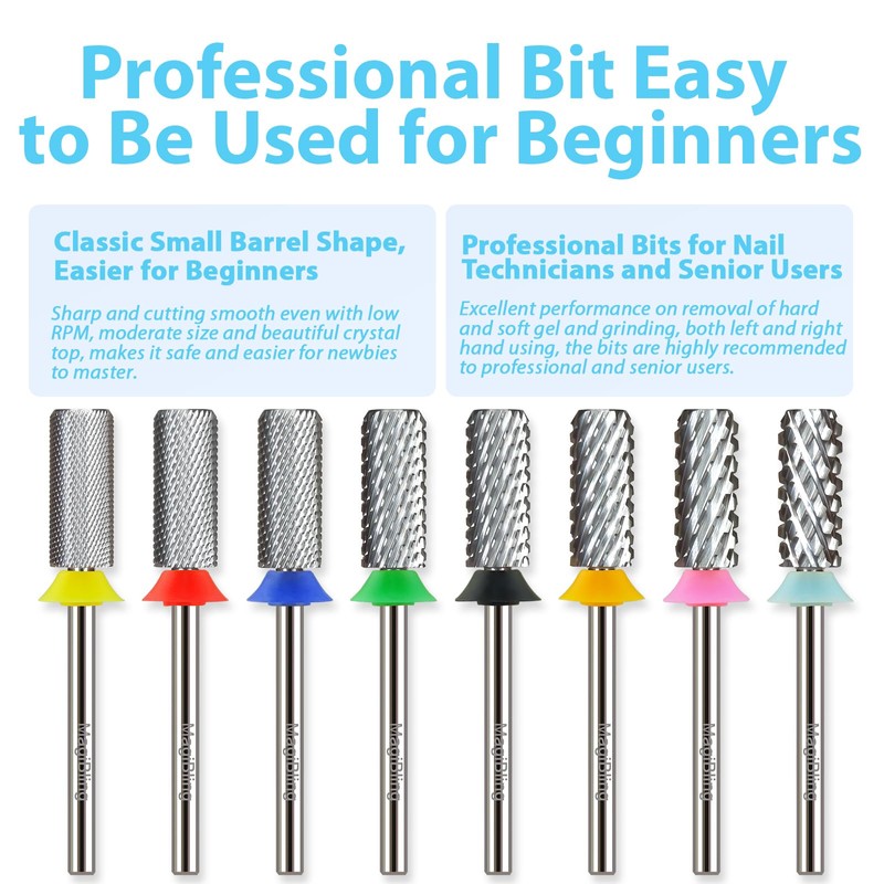 MagiBling Professional Small Barrel Nail Drill Bits Flat Top, 3/32''
