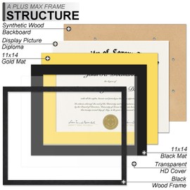 A PLUS MAX 11x14 Diploma Frame Display 8.5 x 11 Certificate with Black & Gold Mat, Engineered Wood Document Frame with Black Wood Grain for Masters Associates Bachelor Degree - 1 Pack
