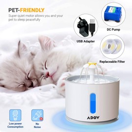 ADOV Cat Water Fountain, 2.4L Automatic Electric Flower Style Dispenser with LED Water Level Window and Replaceable Filter, Ultra Quiet Healthy and Hygienic Pet Drinking Bowl for Kitten, Dogs – Grey