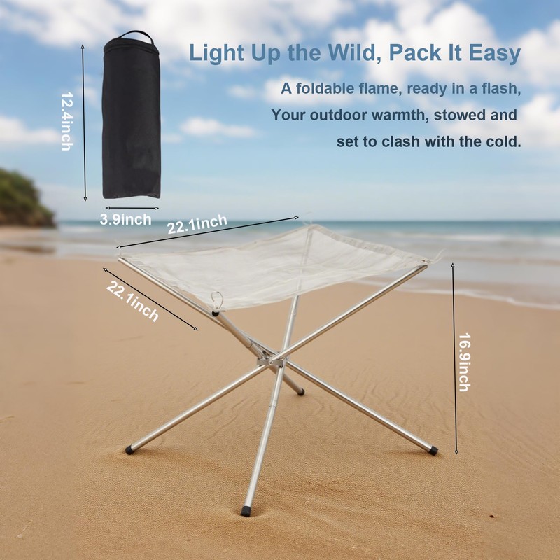 Portable Fire Pit, 22-inch Outdoor Camping Fireplace, Collapsible Stainless Steel