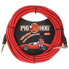 Pig Hog PCH20CAR Instrument Cable Candy Apple Red 1/4' to 1/4' 20 ft.Right Angle Woven Outer Covering Gold Plated 1/4"-1/4" Right Angle Connectors