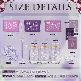 Irenare 48 Pcs Bridesmaid Proposal Gifts Maid of Honor Gifts Bridal Shower 16oz Glass Cups Cosmetic Makeup Bags Invited Cards Scrunchies Hair Knotted Bracelets Diamond Pens (Purple)
