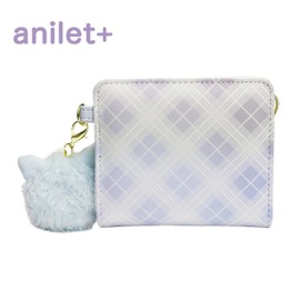 anilet + Mini Wallet, Bifold Ribbon Checker, Cat Pom Pom, L-Shaped Zipper, Wallet, Cat Ribbon, Girls, Present, Gift, BLUE