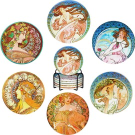 Alphonse Mucha Art Absorbent Coasters with Holder Set of 6, Coffee Table Decor, Coasters for Coffee Table, Coaster Set, Marble Coasters, Drink Coasters, Stone Coasters for Drinks Absorbent