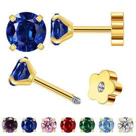 Kleine Gold Stud Flat Back Ohrringe für Frauen Mädchen, 14K Gold plattiert Cubic Zirkonia Schraube Zurück Tiny Ohrringe, Hypoallergen Flatback Zierlichen Knorpel Ohrring (Blauer Saphir)
