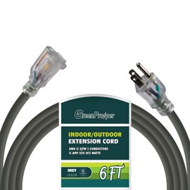 GreenProsper 6 FT Grey Extension Cord with Lighted End, 12 AWG 3 Prong Indoor Outdoor Heavy Duty Waterproof Power Cable for Major Appliance, 12/3 SJTW UL Listed