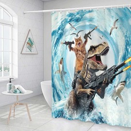 Grtuspr Funny Cat Shower Curtain Set, Cute Cat Riding Dinosaur Theme Ocean Curtains for Bathroom Fun Nautical Kids Decor Polyester Fabric Restroom Curtains