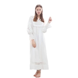 100% Cotton Long Sleeve Ankle-length Vintage Victorian White Nightgown for Women Embroidered Neckline & Cuff Lace Trim Palace Style Princess Loungewear Nightdress Sleepwear Nightshirt Pajamas