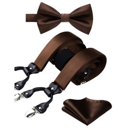 HISDERN - Juego de corbata de lazo y tirantes para hombre, diseño de corbatín y pañuelo de corbatín ajustable en forma de Y, 6 clips, café, Talla única