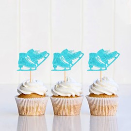 Keaziu - Paquete de 24 unidades de decoración para cupcakes de patinaje sobre hielo, deportes sobre hielo, decoración para cupcakes, patinaje para niños, niñas, feliz cumpleaños, suministros para decoración de fiesta, color azul, 2