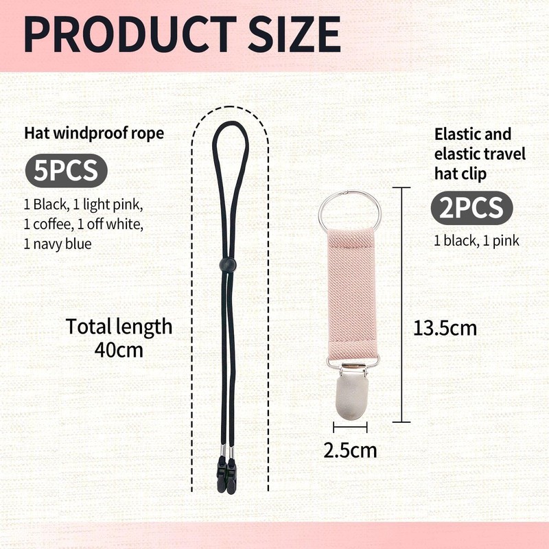 Pack of 5 Windproof Hat Ropes, 2 Pieces Hat Clips,