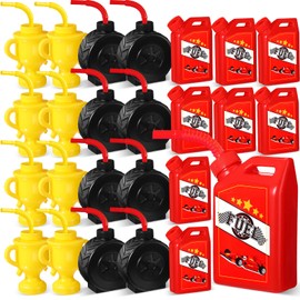 Mifoci 24 Pcs Race Car Cups with Straws Plastic Traffic Tire Shaped Cup Red Race Car Fuel Cups Yellow Trophy Cups Race Car Party Supplies for Racing Car Construction Birthday Party Decoration