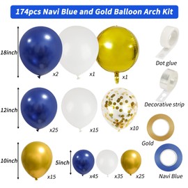 174pcs Navy Blue Gold Balloons Garland Arch Kit, Metallic Gold Latex White Confetti Mixed Sizes Balloons Foil Balloons for Baby Shower Birthday Party Wedding Graduation Decoration