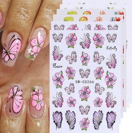 6 Sheets Flower Nail Art Sticker Decals, Colorful Floral Nail Stickers Spring Nail Decals for Nail Art Cute Daisy Butterfly Design Nail Supplies Elegant Self Adhesive Nail Decals for Women Decor
