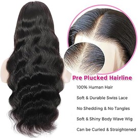 Shoaiye 13 x 4 Lace Front Real Hair Wig, Women's Body Wave Human Hair Wig, Wear and Go Glueless Remy Pre Plucked Natural Hairline, 150% Density, Natural Black Colour, for Woman, 16 Inches