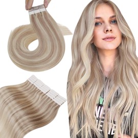 Hetto Blonde Tape in Hair Extensions Straight Tape in Human Hair Extensions Ash Blonde Highlight Bleach Blonde #18/613 12 Inch 20Pcs 40g Tape in Real Hair