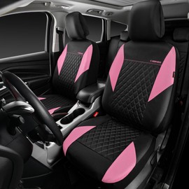 CAR PASS Pink Leather Seat Covers,Girly Quilting Pretty Cute Car Seat Cover with 5mm Composite Sponge Inside,Airbag Compatible, Universal Fit for Most Sedan,SUV,Vans(Full Set,Pink)