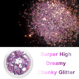 Renfio Opal Chunky Glitter, 1.75oz/50g Purple Glitter, Dreamy High Sparkle Glitter for Crafts Holographic Fine Glitter Mix Iridescent Glitters Flake for Resin Nails Art Hair DIY Snow - Purple Sunglow