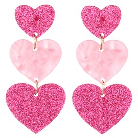 1 Pair Pink Heart Earrings for Women Dangling Valentine's Day Earrings Glitter Acrylic Hot Pink Heart Earring Cute Love Dangling for Women Gift