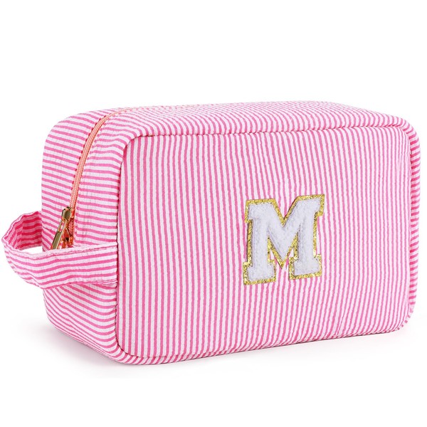 ZLFSRQ Initial Makeup Bag Large Preppy Cosmetic Bag Personalized Travel Pink Makeup Pouch Purse Big Portable Waterproof Toiletry Bag Organizer Storage Christmas Birthday Gifts for Women Friend (M)