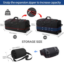 Vrtisa 110L Expandable to 140L 32” Foldable Oxford Soft-Sided Rolling Duffle Bag with 2 Heavy-Duty Wheels,3 Large Compartments,Adjustable Shoulder Strap and Attached Organizer Pouch,Black Red