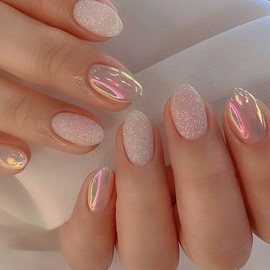 Press on Nails Short Almond MABKJLF Fake Nails Flash Aurora Pink Full Cover False Nails with Nail Glue Glitter Glossy Glue on Nails Stick on Nails Manicure Artificial Nails for Women Girls 24Pcs