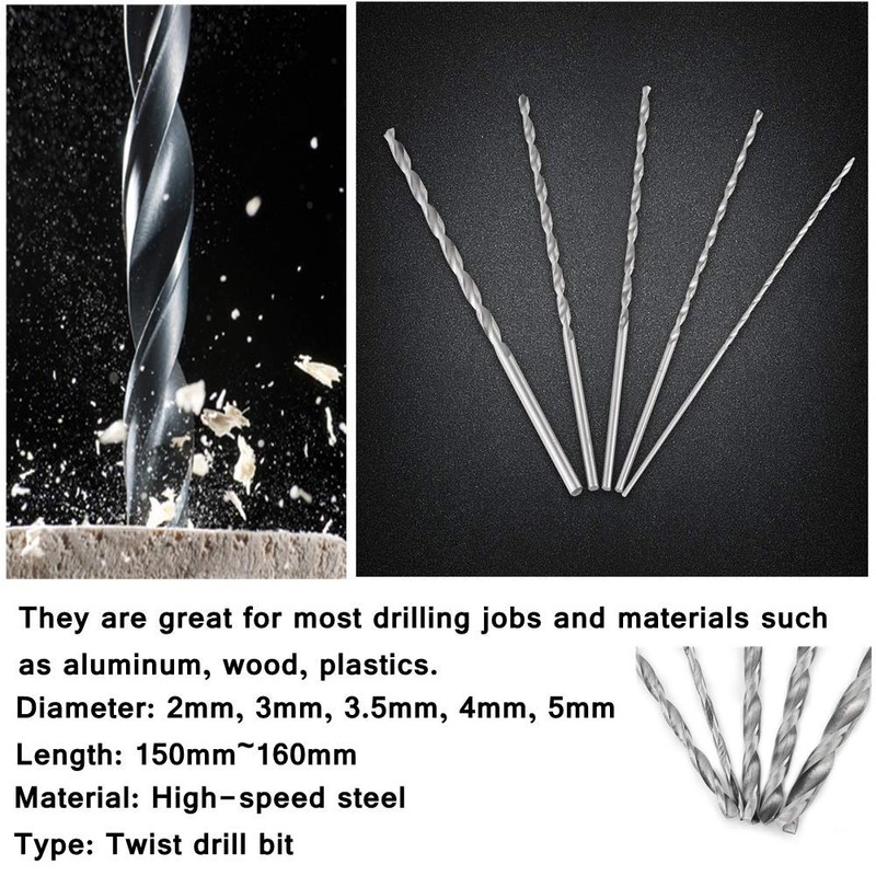 5 Piece Twist Drill Bit Set, Extra Long HSS Straight