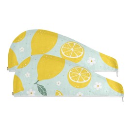 Paquete de 2 toallas de pelo de limón sobre fondo azul claro, súper absorbentes, para secar el cabello, turbantes de cabello de secado rápido, toalla de cabeza con botón para mujeres y niñas