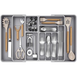 Lifewit Large Silverware Drawer Organizer, Plastic Cooking Utensil Tray for Kitchen, Expandable From 21 to 36 Inches, Adjustable Flatware Cutlery Spoon Fork Knife Spatula Gadgets Holder, Gray