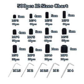 500pcs Set Screws, Grub Screws, Set Screws Assortment Kit M3 M4 M5 M6 M8 for Door Handles, Bathroom Fixtures, Home Repair, Repair Furniture, Electronic Product, Install Door Lock, DIY, 12 Sizes