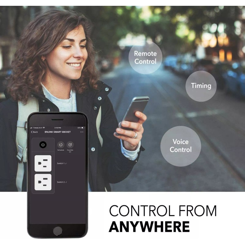 HBN Smart Plug 15A, WiFi&Bluetooth Outlet Extender Dual Socket Plugs,