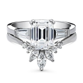 BERRICLE Sterling Silver 3-Stone Wedding Engagement Rings 2.1 Carat Emerald Cut Cubic Zirconia CZ Flower Ring Set for Women, Rhodium Plated Size 4