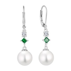 EJARY 10mm Pearl Earrings for Women 925 Sterling Silver Dangle Drop May Birthstone Emerald Green Earring Cubic Zirconia Leverback Jewelry