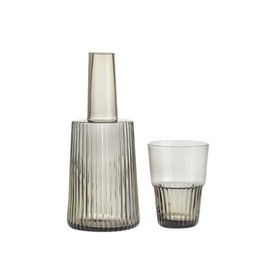 Night Ribbed Glass Pitcher with Tumbler Lid 20.3 oz, Glass Water Jug, Fluted Water Pitcher with Lid for Water, Juice, Lemonade, Milk, Beverage Pitcher, Dishwasher and Microwave Safe, Smoked Gray