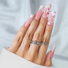 White French Tip Press on Nails Long Fake Nails Square Acrylic Nails with Cute Flower Pearl Bow Charm Design False Nails Glue on Nails Artificial Stick on Nails for Women 24 Pcs
