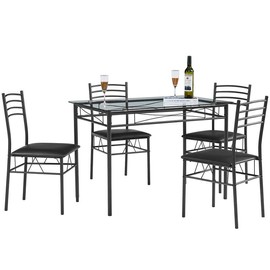 VECELO 5-Piece Dining Table Set Kitchen Table And Chairs Sets For 4 Metal And Glass Tabletop Rectangular Dinette Sets For Kitchen, Breakfast,Dining Room,Living Room - Color: Black
