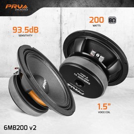 PRV AUDIO 6.5 Inch Midbass Speaker 6MB200 v2 8 Ohm - 200 Watts 93.5 dB 1.5" Voice Coil - 6 Inch Speaker for Car Audio with Outstanding Vocals and Punch for Small Custom Enclosures - Pro Audio (Single)
