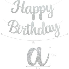 TONIFUL Silver Happy Birthday Banner Keno DIY 10 Feet, Pre-Strung Glitter Happy Birthday Sign, Happy Birthday Garland, Happy Birthday Background, Happy Birthday Decorations for Women