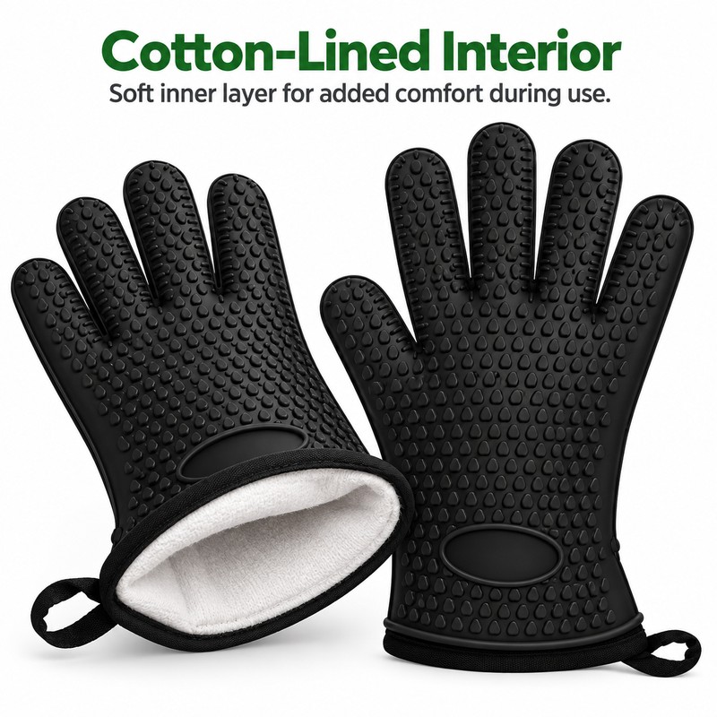 2-Piece Silicone Oven Mitt Set for Cooking – Heat-Resistant Cotton-Lined