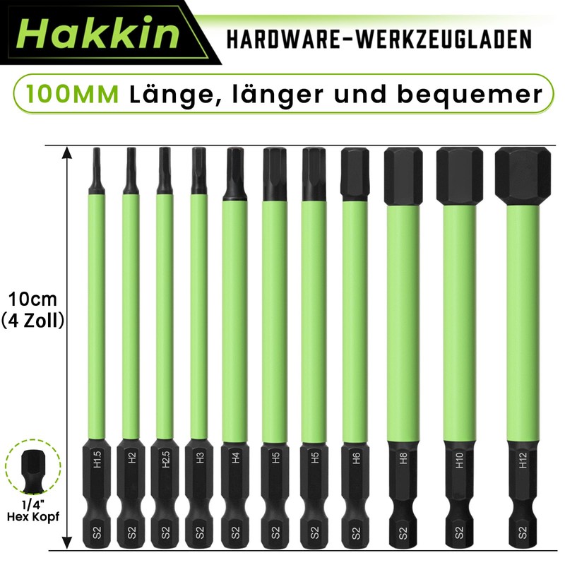 Hakkin 100 mm Hex Bits Set Long 11 Pieces Hex
