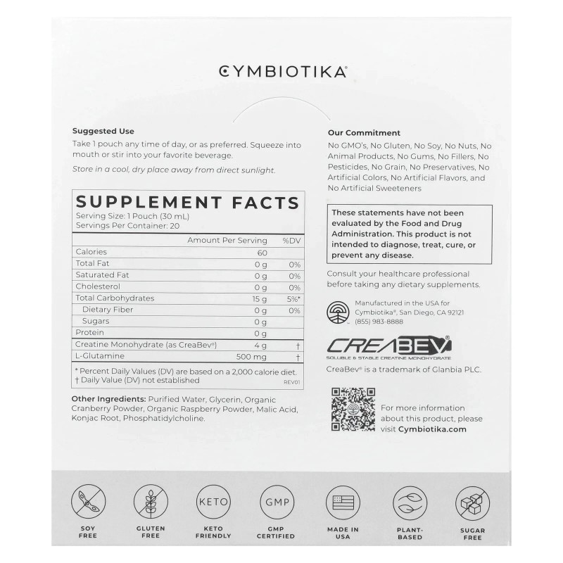 Cymbiotika Creatine+, Raspberry, 20 Pouches, 30 ml Each