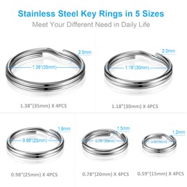 Key Rings Stainless Steel Assortment, Heavy Duty Split Key Ring Loops in 5 Sizes (Small 1/2 inch, 3/4 inch, 1 inch, 1.18 inch, Large 1.37 inch) for Key Chain Dog Pet Collar Tag DIY Craft Home Car Key