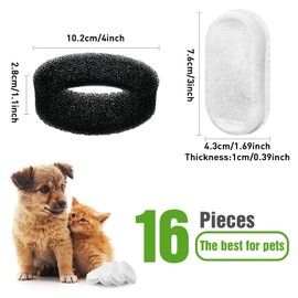 32PCS Cat Water Fountain Filter,Cat Drink Water Filter Sponge,Pet Fountain Filters Replacement for 108oz/3.2L (67oz/2L) Pet Water Fountain Filters with 16 Carbon Filters and 16 Foam Sponges
