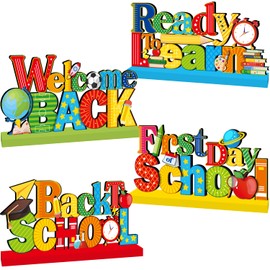4Pcs Back to School Decorations, First Day of School Wooden Table Centerpiece Welcome Back to School Table Decorations Ready to Learn Table Topper Sign for School Classroom Decor