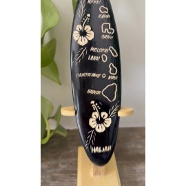 Handmade Hawaiian Hand Made 8" Carved Wood Surfboard w/ Display Stand Engraved Island Map