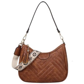 Small Shoulder Bag Purse for Women,Vaschy Vegan Leather Chevron Quilted Crescent Crossbody Hobo Bag Under the Arm Handhabg Brown