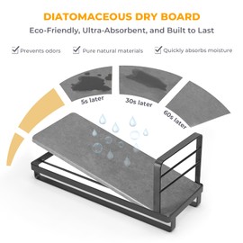 KONE Sponge Holder for Kitchen Sink with Diatomite Stone and High Brush Holder, Quick-Drying Sink Caddy for Sponges, Scrubbers, Soap, Countertop Organizers and Storage Essentials, Black